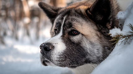close up of Akita dog with thick, fluffy coat, gazing thoughtfully into distance in snowy forest. serene winter setting highlights dog expressive eyes and calm demeanor