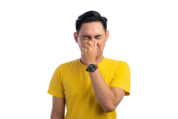 Handsome Asian man pinching his nose with fingers, smelling something smelly and disgusting isolated on transparent background