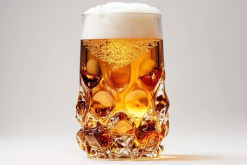 Frothy golden beer in a textured glass bubbly and refreshing bright studio lighting clean background isolated on transparent background