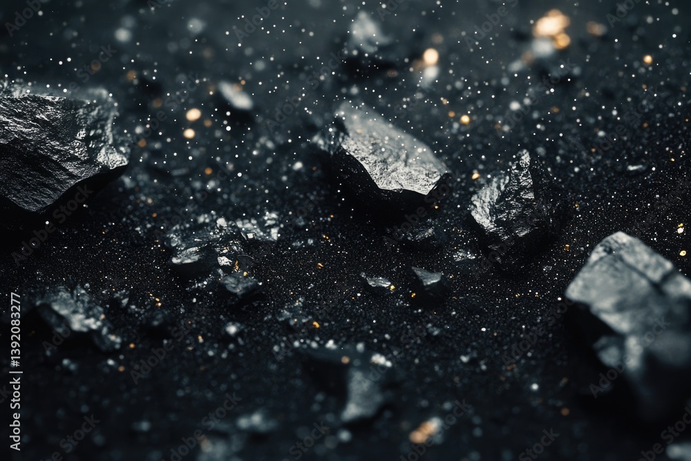 Poster dark, abstract image of scattered rocks with glittering dust, creating a mysterious and cosmic feel.