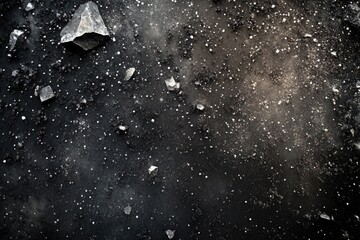 Dark background with scattered rocks and dust, resembling a cosmic scene.