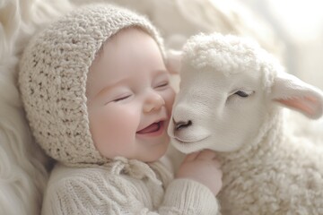 A smiling baby in a knitted hat cuddles a fluffy lamb, a heartwarming scene of innocence and gentleness.