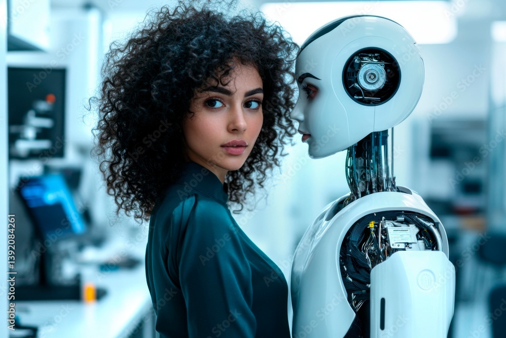 Poster two women, one an ai robot with a smooth metal body and the other a human with curly hair, work toge