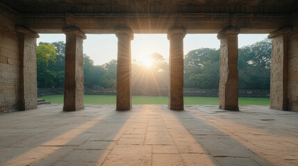 serene sunrise illuminates ancient stone pillars, casting long shadows on ground