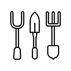 Gardening tools set vector illustration, includes hand fork, hand trowel and hand garden fork line art
