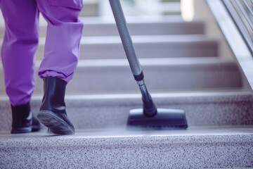 Obraz premium Person Cleaning Staircase with a Vacuum. A person in purple scrubs cleans a staircase with a vacuum cleaner, ensuring a clean environment.