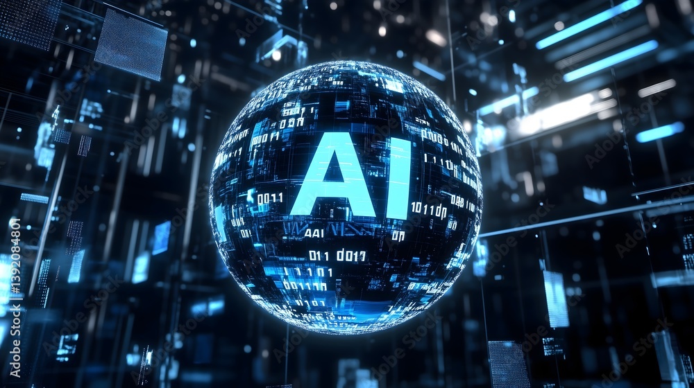 Poster ai universe: a futuristic digital sphere pulses with light, the stark letters 