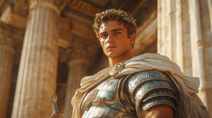 Neoclassical Portrait of Alexander the Great in Battle Armor with Sword and Laurel Wreath