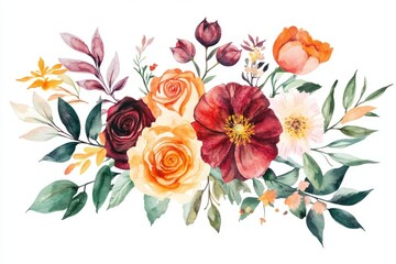 A Beautiful Watercolor Floral Arrangement with Various Flowers and Leaves