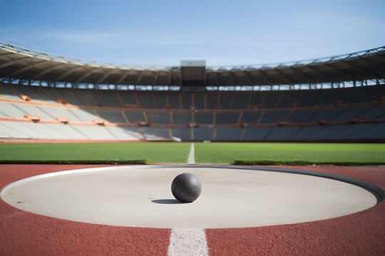 A lone shot put rests in the center of a stadium's throwing circle.