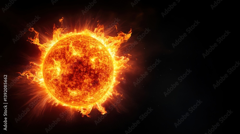 Poster bright and fiery sun creating energy and light in a dark space background with flare elements