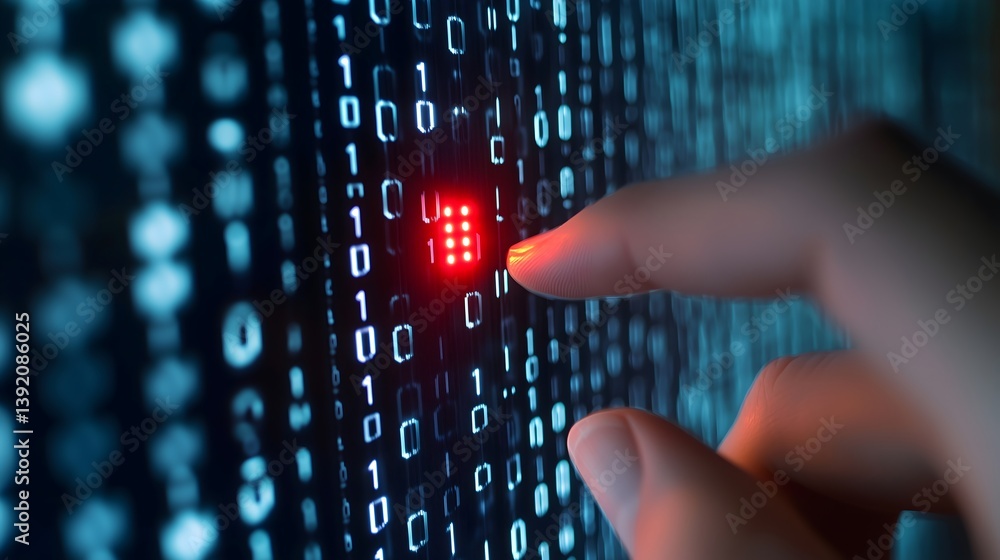 Poster digital touch: a fingertip interacts with a glowing red data matrix, symbolizing a crucial action or