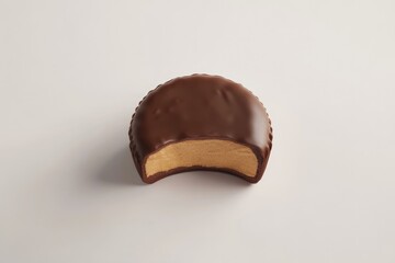 A partially eaten chocolate peanut butter candy, showcasing its creamy filling and rich dark chocolate coating.