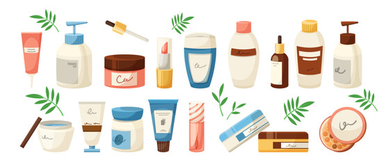 Assorted cosmetic jars, tubes, and bottles in flat style with leaves, on white background. Concept of skincare and beauty product set. Vector illustration