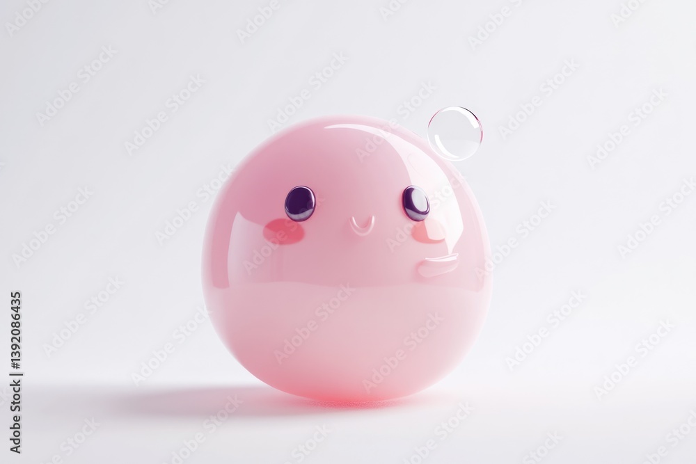 Poster a cute pink blob character with a happy expression, floating near a transparent bubble.