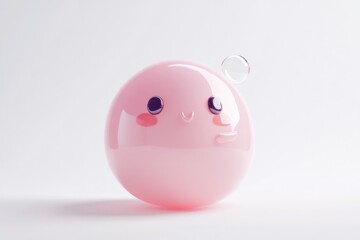 A cute pink blob character with a happy expression, floating near a transparent bubble.