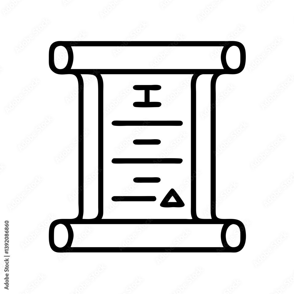 Poster scroll document vector icon illustration, ancient paper roll with text and triangle symbol graphic d