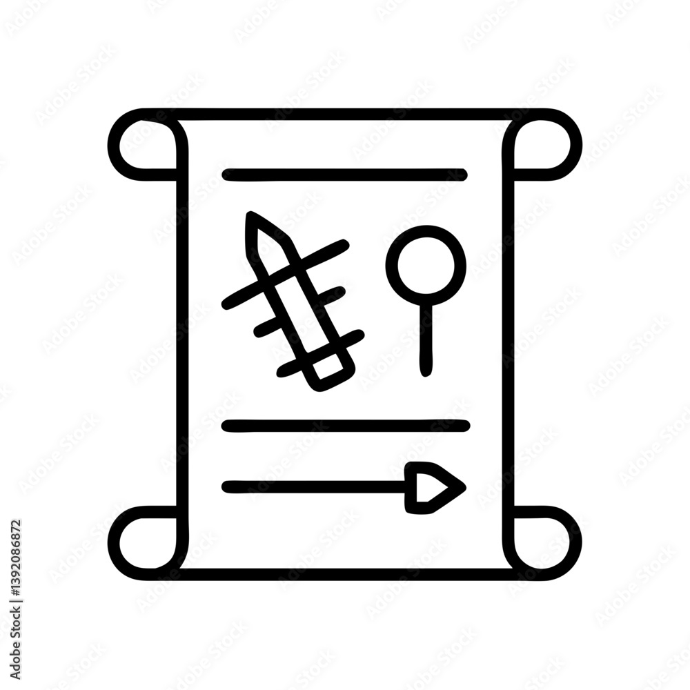 Poster treasure map icon vector illustration, adventure game map with location pin and arrow direction guid