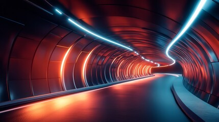 Illuminated tunnel with red and blue lights creating a futuristic and modern aesthetic design