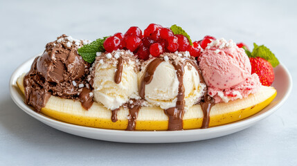 Delightful dessert featuring banana, ice cream, chocolate sauce, and cherries