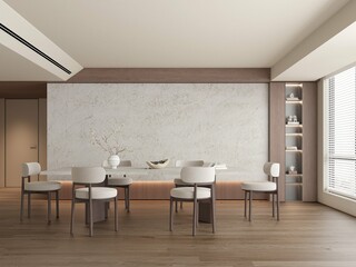 Spacious dining interior with glossy ceramic tabletop and white comfy chairs, white quartz on wall, dark wooden glossy flooring. Mockup. 3D Illustration. 3D Rendering