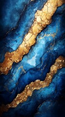 Luxurious Abstract Artwork Phone Wallpaper  Deep Blue & Gold Swirls with Textured Patterns | Vertical Mobile Background
