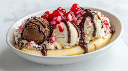delicious dessert featuring banana split topped with chocolate sauce, ice cream, and cherries
