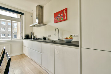 Sleek modern kitchen featuring a stylish layout, equipped with appliances and a colorful artwork on the wall, enhancing the space's aesthetic appeal.