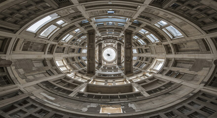 Obraz premium Architectural Interior View Building Structure, Circular Design, Ceiling, Concrete, Perspective, Geometry, Symmetry, Light, Windows