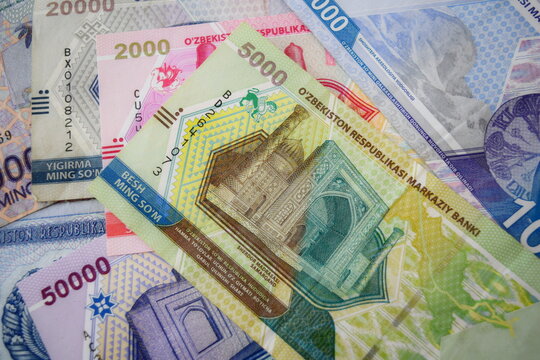 Uzbekistani sum banknotes. UZS. Uzbekistan currency. Oʻzbek soʻmi.