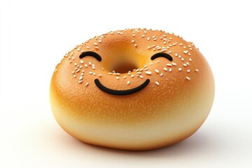 A happy sesame bagel with a smiling face drawn on it, isolated on a white background.