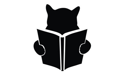 Cat reading book cute pose silhouette, Cat reading a book silhouette black color white background  