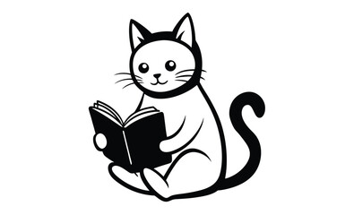 Cat reading book cute pose silhouette, Cat reading a book silhouette black color white background  