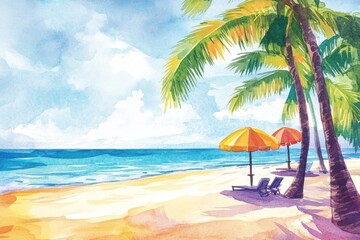 Naklejka premium Watercolor beach scene with palm trees and colorful umbrellas