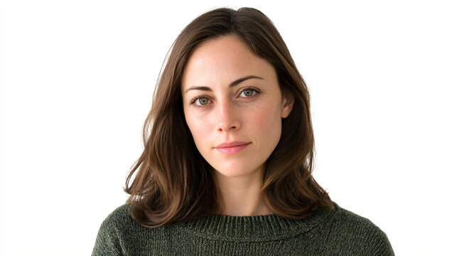 average woman on a white background with shoulder-length brown hair