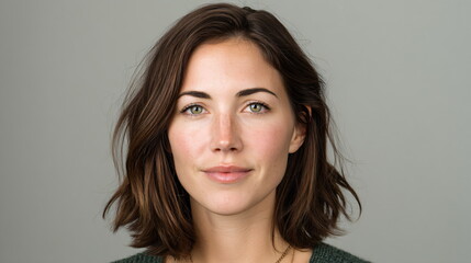Fototapeta premium average woman on a white background with shoulder-length brown hair