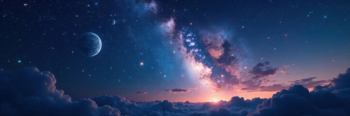 Fototapeta premium Sparkling starry sky with planets and constellations, cosmic, astronomical