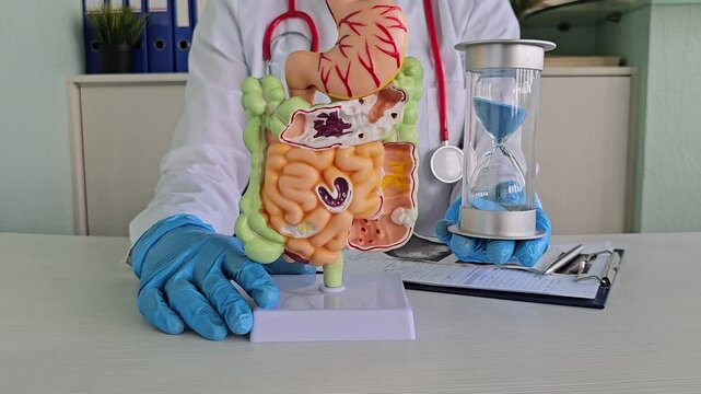 Doctor holds model of human digestive system and hourglass. Our body working hours. Food digestion time