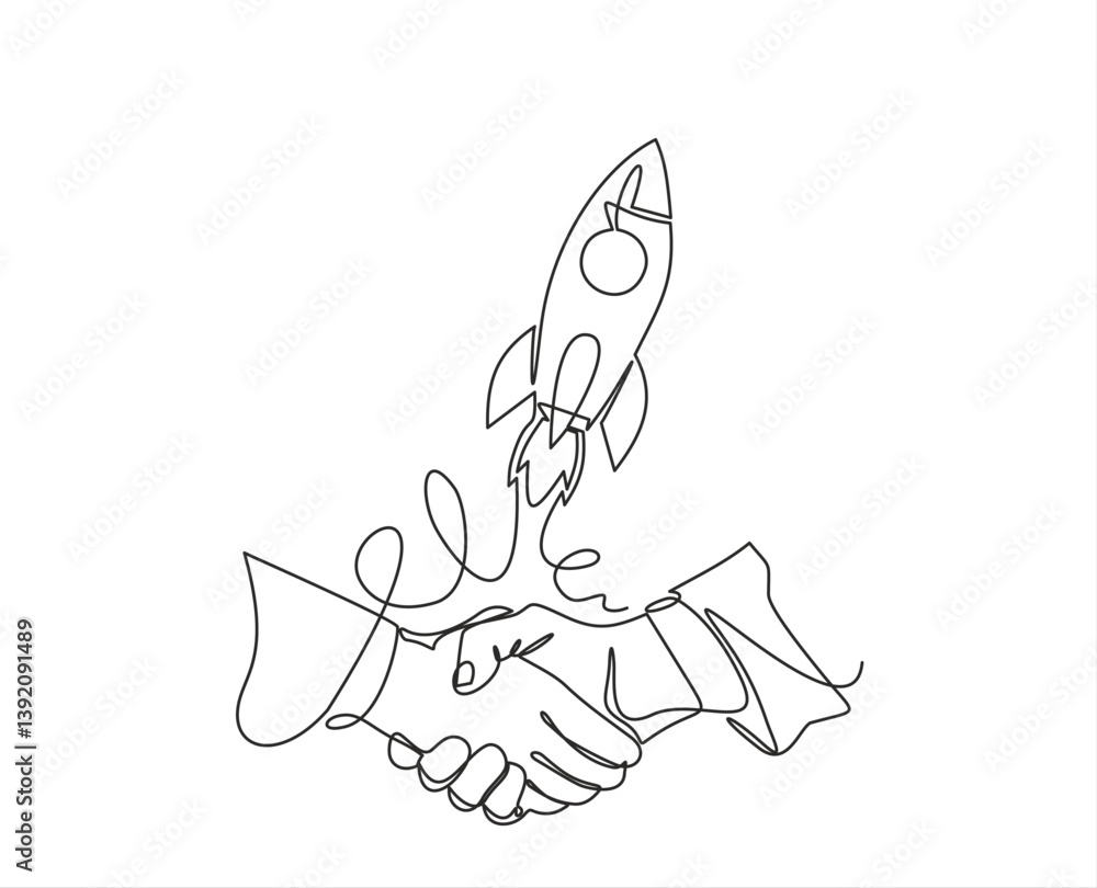 Poster continuous line drawing of handshake and rocket. handshaking of business partners drawn by one singl