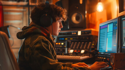 Fototapeta premium This focused teen creates music in a vibrant studio, showcasing creativity and ambition.