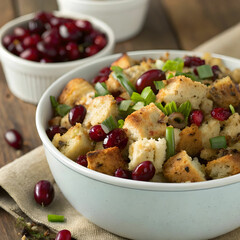 closeup of savory bread stuffing with cranberries