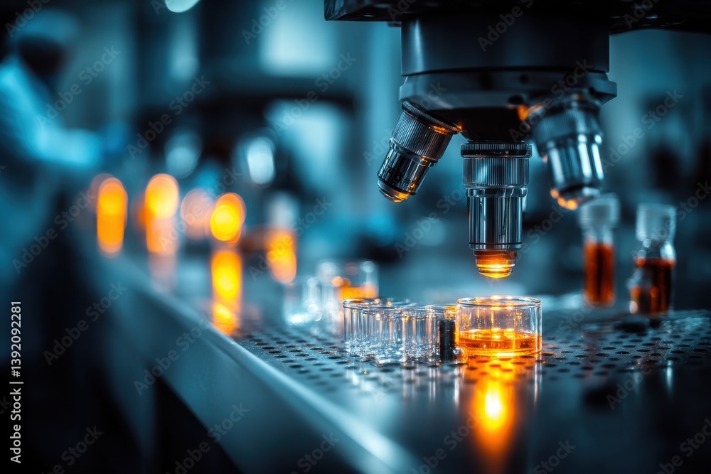 Poster close-up of a microscope examining samples in a laboratory, with warm light reflecting on the lab be