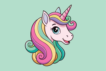 Vibrant and whimsical cartoon unicorn head illustration, featuring playful laughter and neighing sounds.