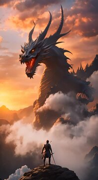 Powerful dragon looms over a brave warrior at sunset in a dramatic fantasy landscape 4K vertical