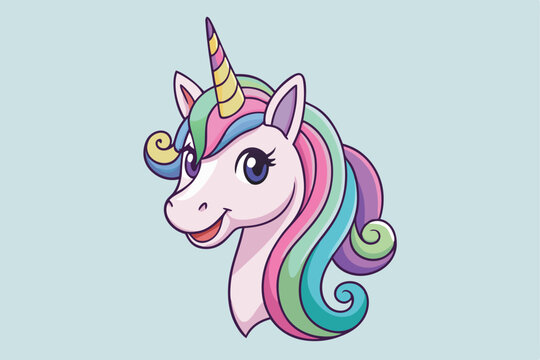 Vibrant and whimsical cartoon unicorn head illustration, featuring playful laughter and neighing sounds.