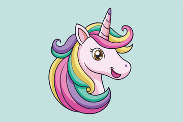 Vibrant and whimsical cartoon unicorn head illustration, featuring playful laughter and neighing sounds.