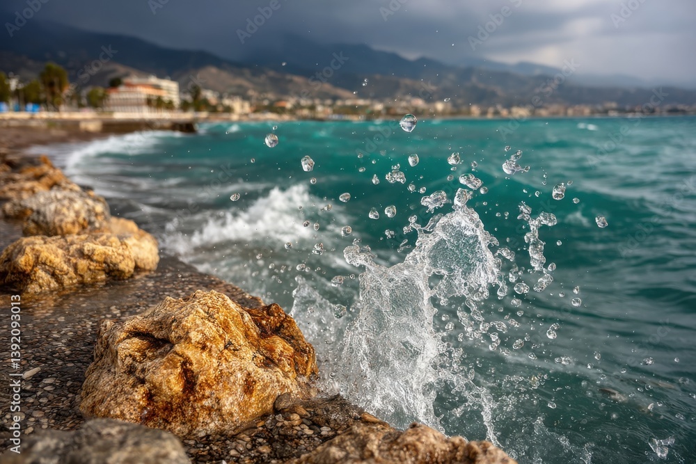 Poster a mesmerizing capture of ocean waves splashing against coastal rocks with turquoise sea, creating dy