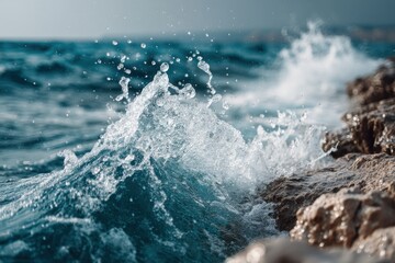 Dynamic close-up captures powerful ocean wave crashing against rugged rocks, creating an explosion of water droplets, with vast blue sea extending to distant horizon.