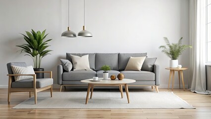 Bokeh Effect: Sleek Gray Scandinavian Living Room - Minimalist Nordic Design