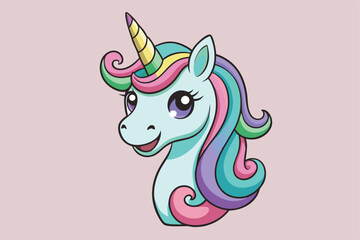 Vibrant and whimsical cartoon unicorn head illustration, featuring playful laughter and neighing sounds.